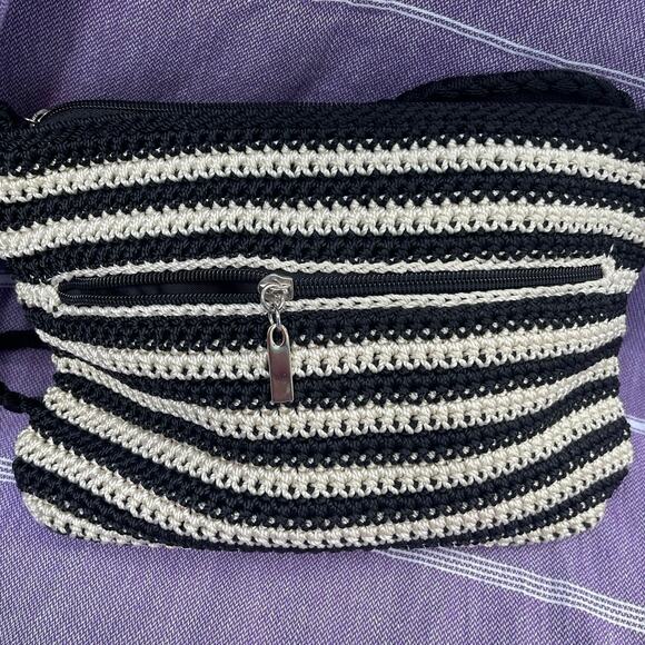 The Sak Crochet Crossbody Bag Ivory Black Striped Pink Floral Embroidered Boho - Picture 5 of 8